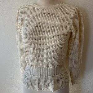 Vintage Cream Waffle Knit sweater Puff sleeve Peplum